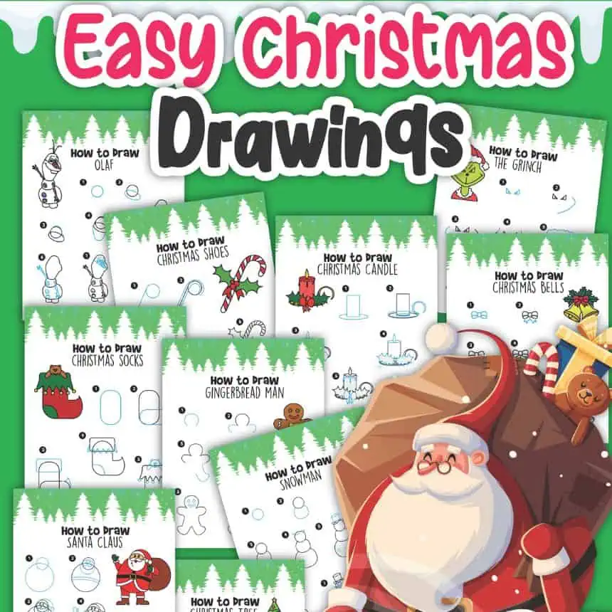 Home 13 Easy Christmas drawings for kids featuring Santa, gingerbread man, snowman, and Christmas candles.