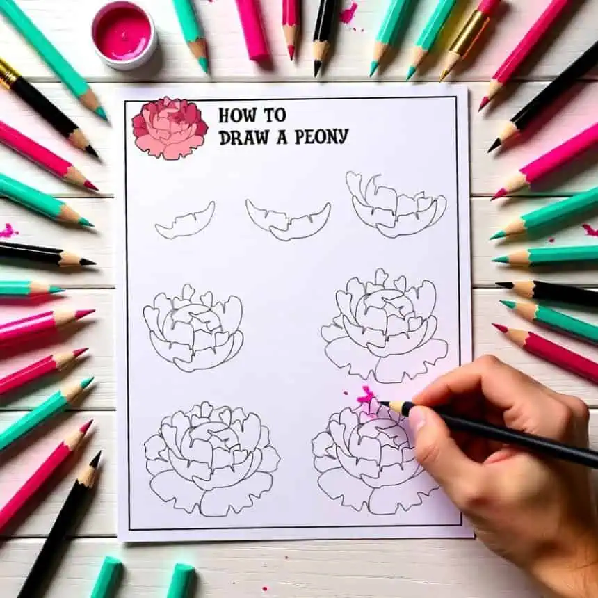 Home 2 Step-by-step guide to drawing a peony flower for rock painting.