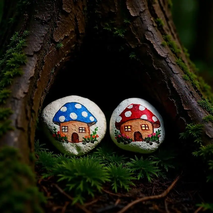 Home 9 mushroom house painted rocks inside a tree trunk