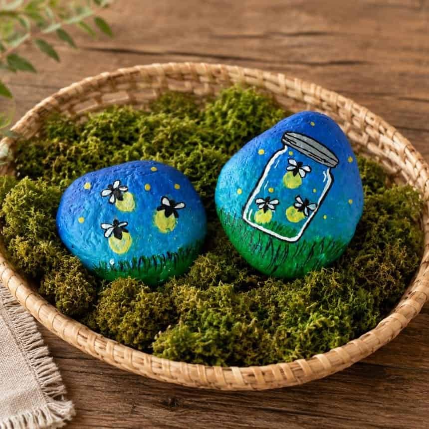 Home 9 firefly painted rocks in a basket with moss